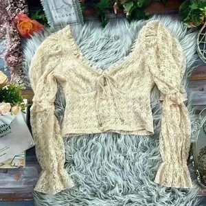 Forever 21 Cottagecore Sparkly Lace Puff Sleeve Cropped Blouse, S